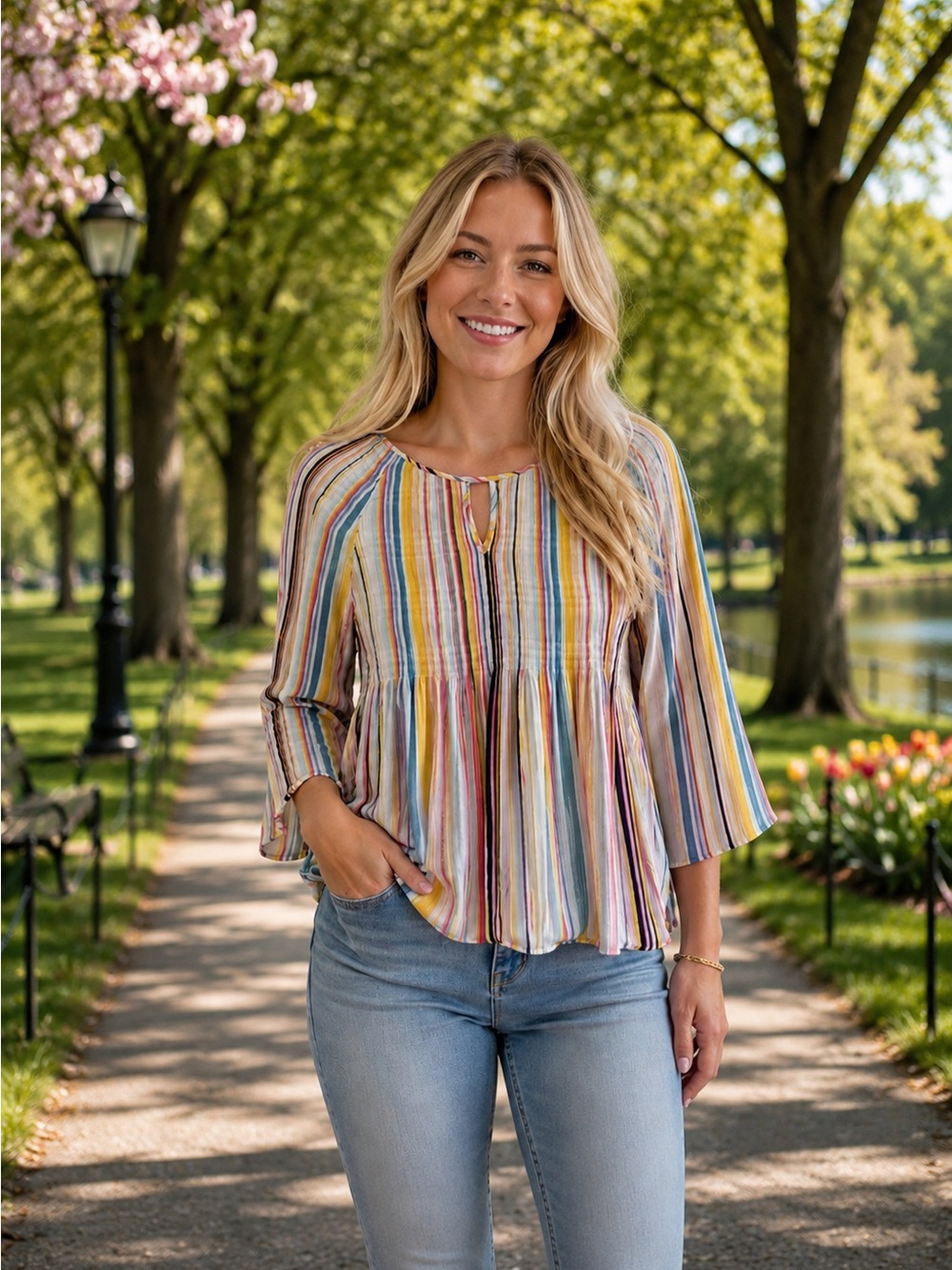 Spense Multicolor Vertical Stripe Peasant Tunic
